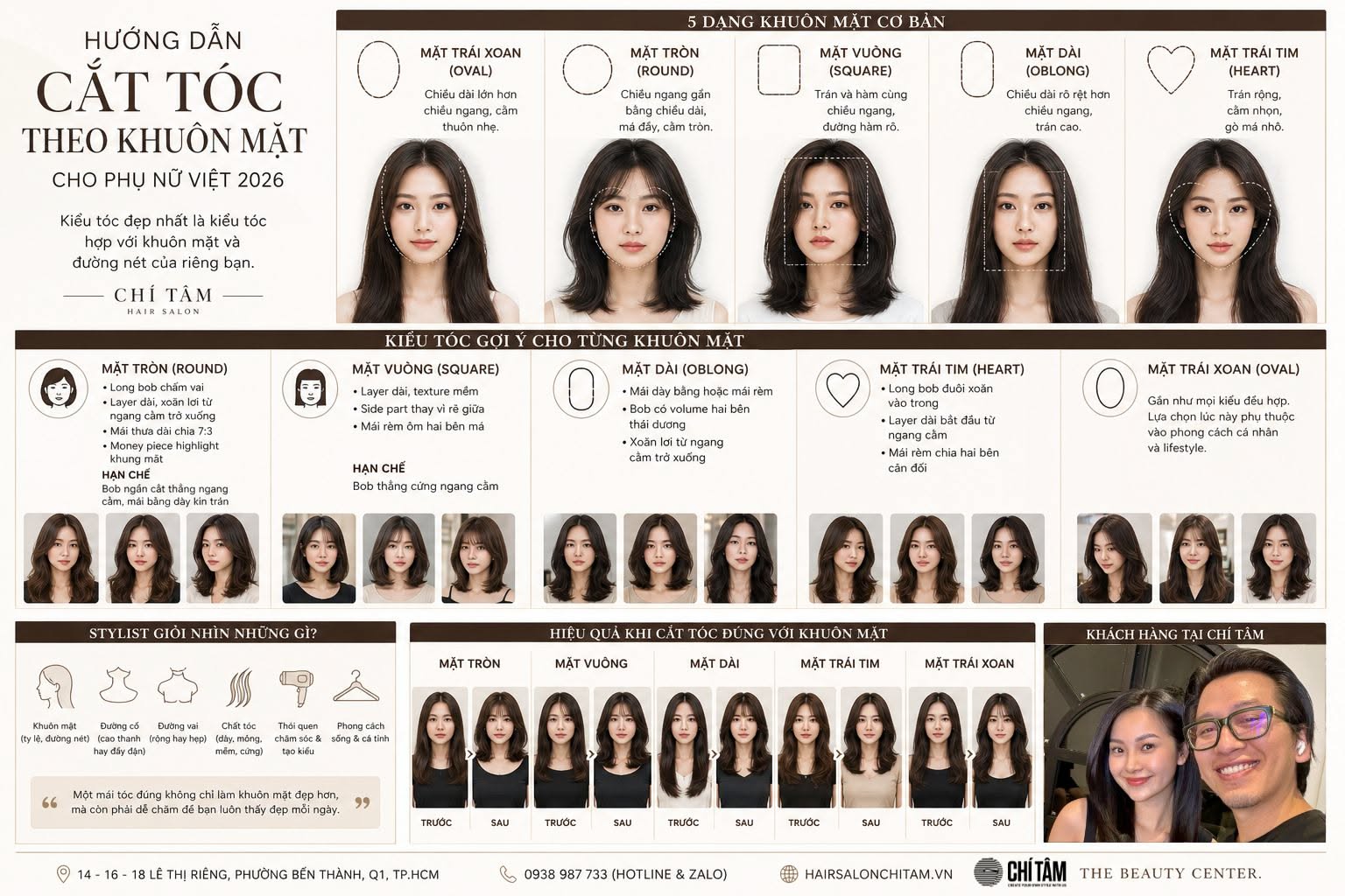 Hướng dẫn cắt tóc theo khuôn mặt cho phụ nữ Việt 2026 tại Chí Tâm Hair Salon