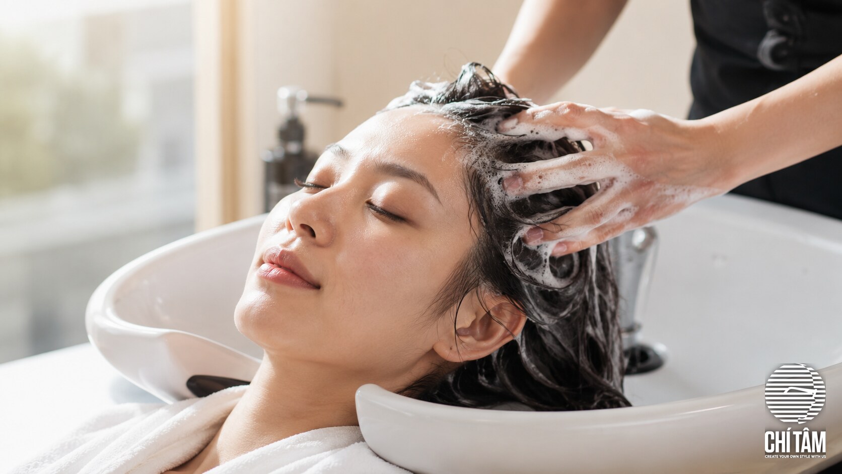 Phụ nữ massage da đầu khi gội tại Chí Tâm Hair Salon