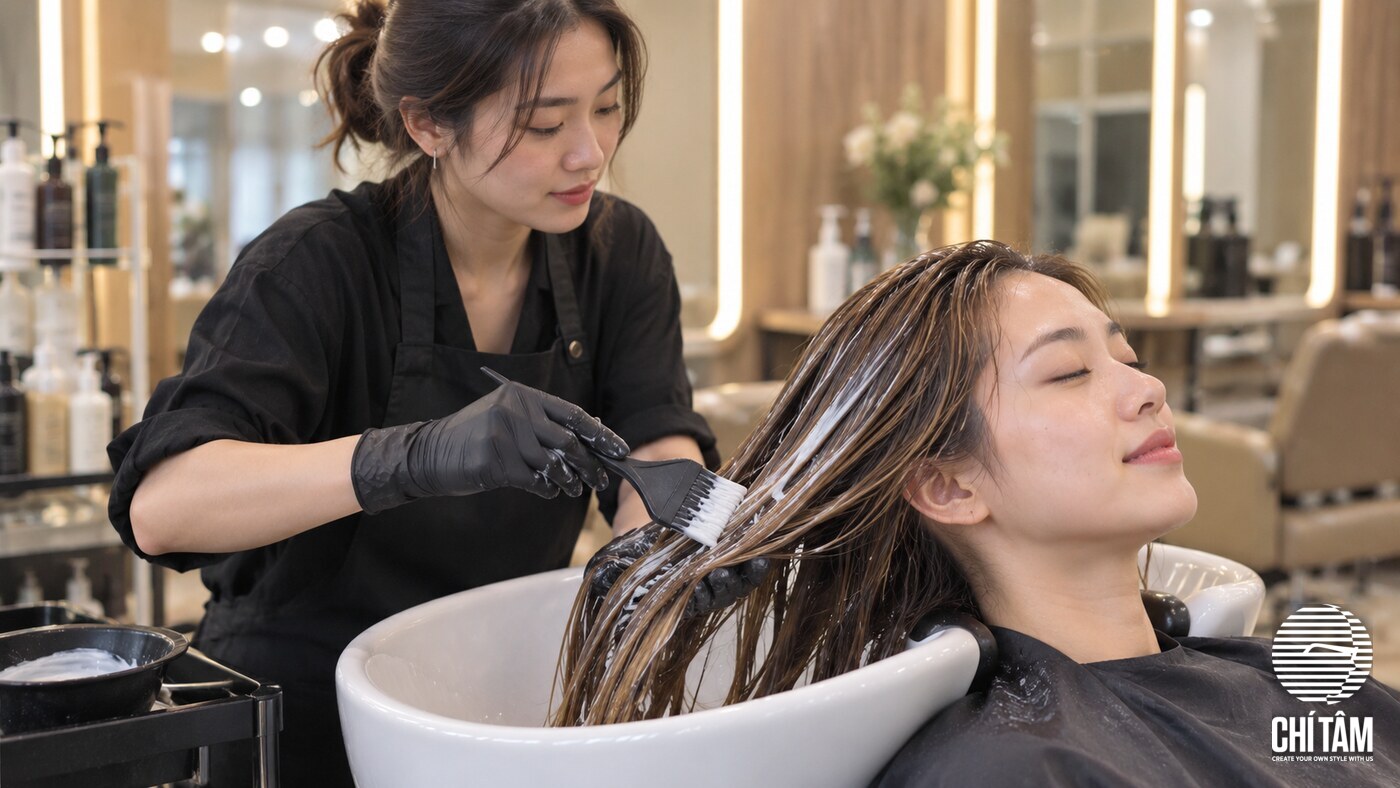 Stylist chăm sóc phục hồi tóc highlight tại salon