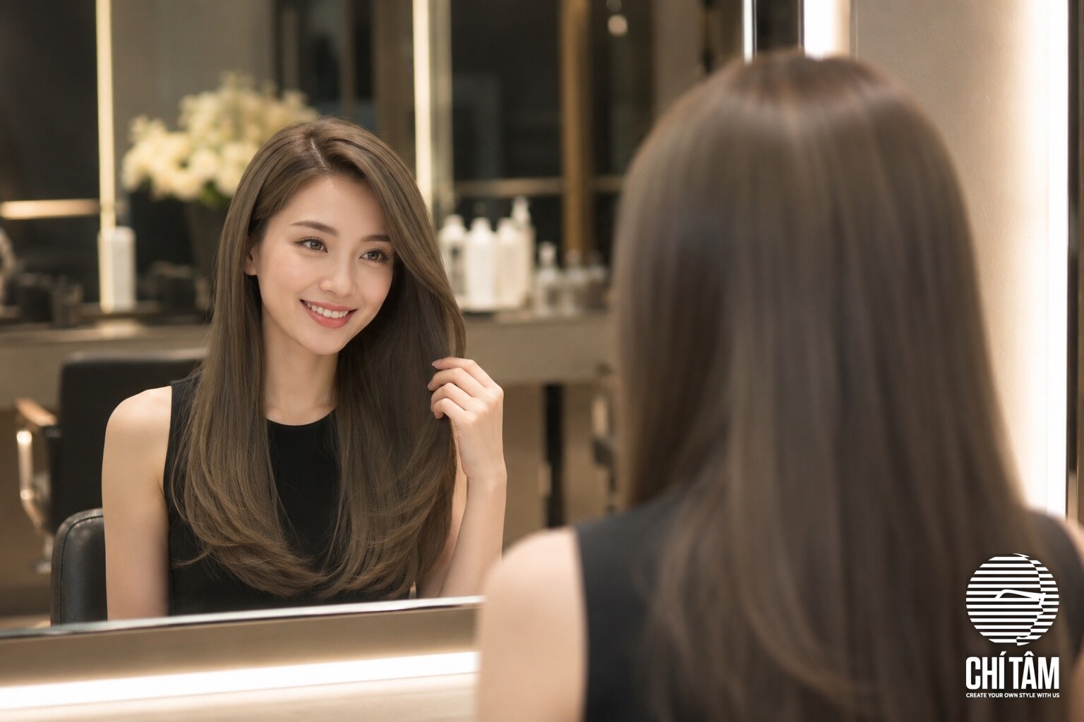 Khách nữ soi gương hài lòng với mái tóc nâu lạnh mới nhuộm