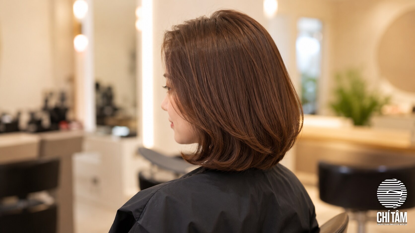 Góc sau tóc bob cụp C-curl layer mỏng chạm vai tại salon