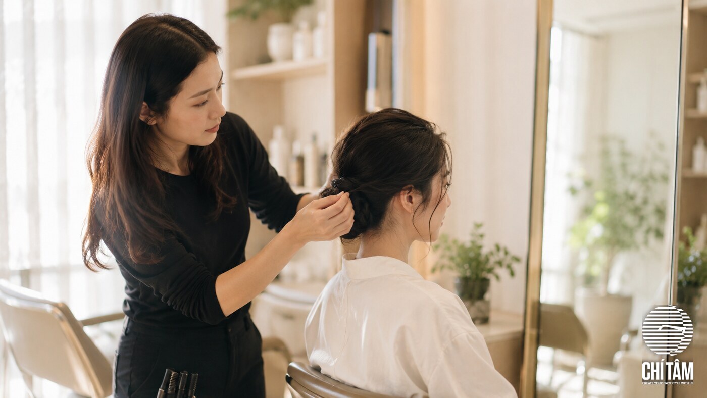 Stylist Chí Tâm Hair Salon đang tạo kiểu tóc cưới cho cô dâu