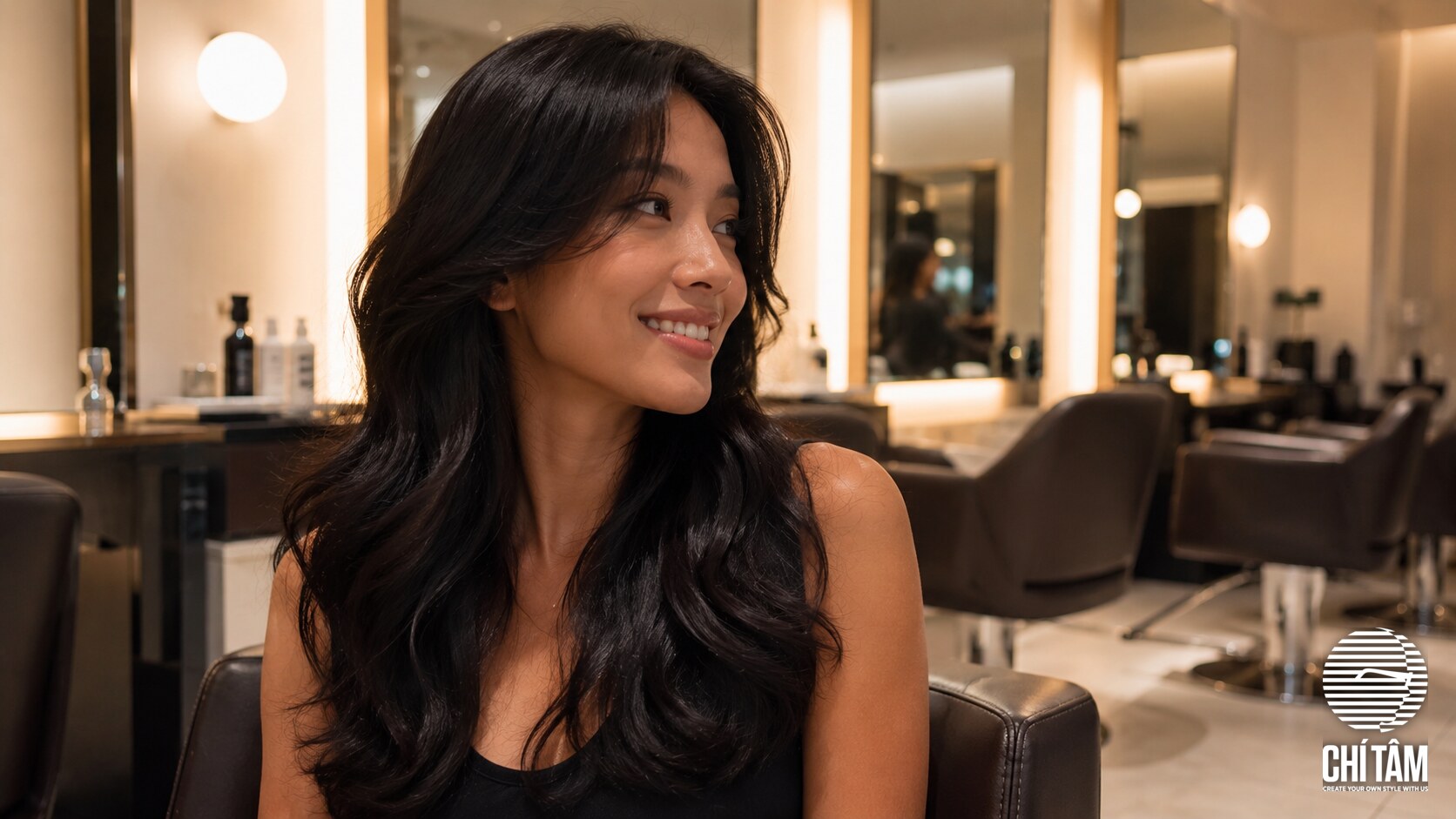 Phụ nữ tóc đen bóng uốn sóng lớn thư giãn tại Chí Tâm Hair Salon