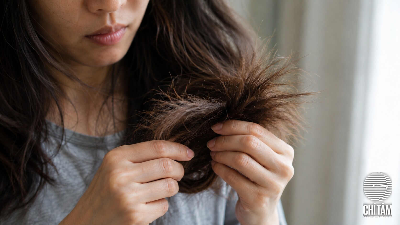 Cận cảnh đuôi tóc khô xơ gãy chẻ ngọn do hư tổn