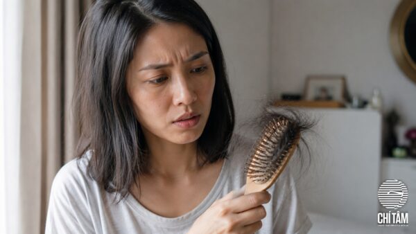 Phụ nữ lo lắng nhìn tóc gãy rụng trên lược