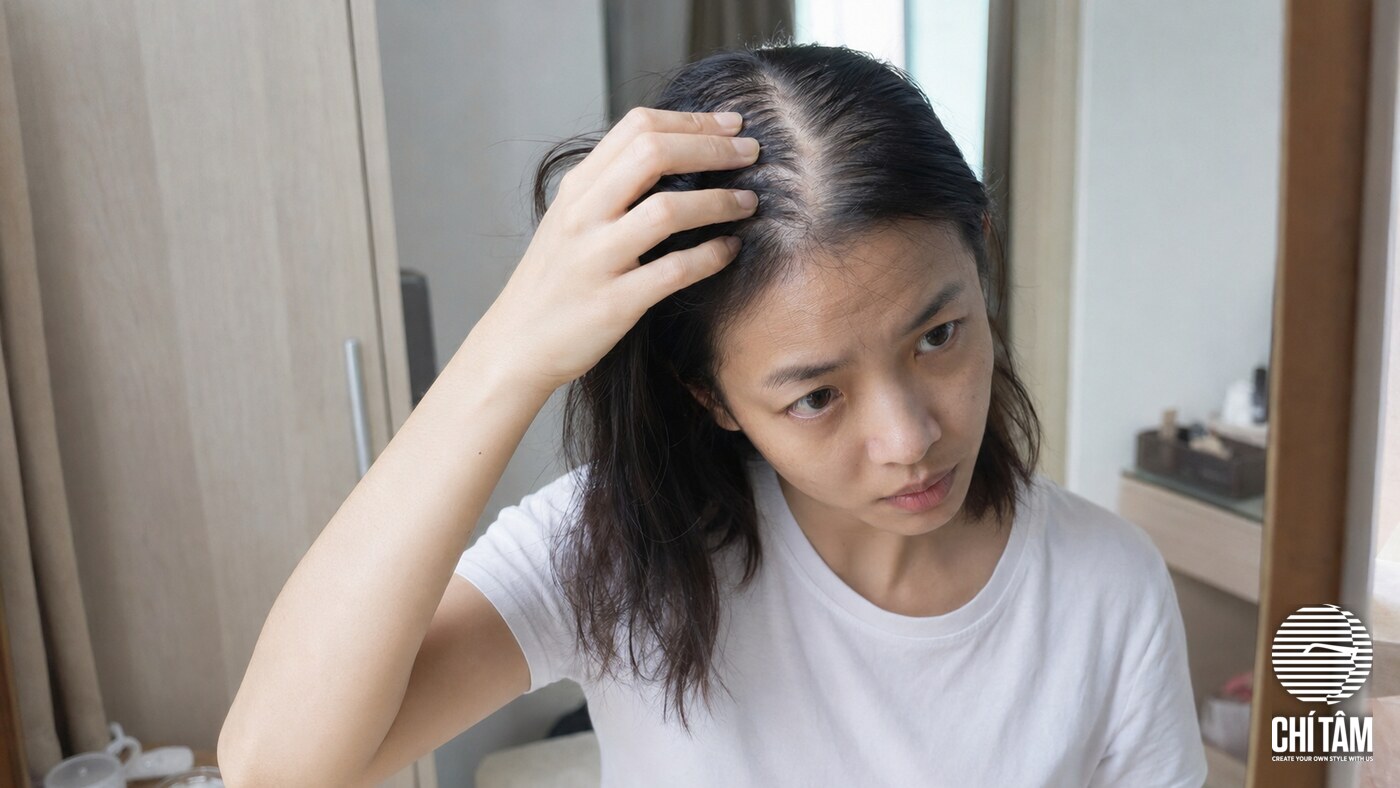 Phụ nữ Việt vén tóc soi gương thấy đường ngôi rộng do tóc mỏng thưa