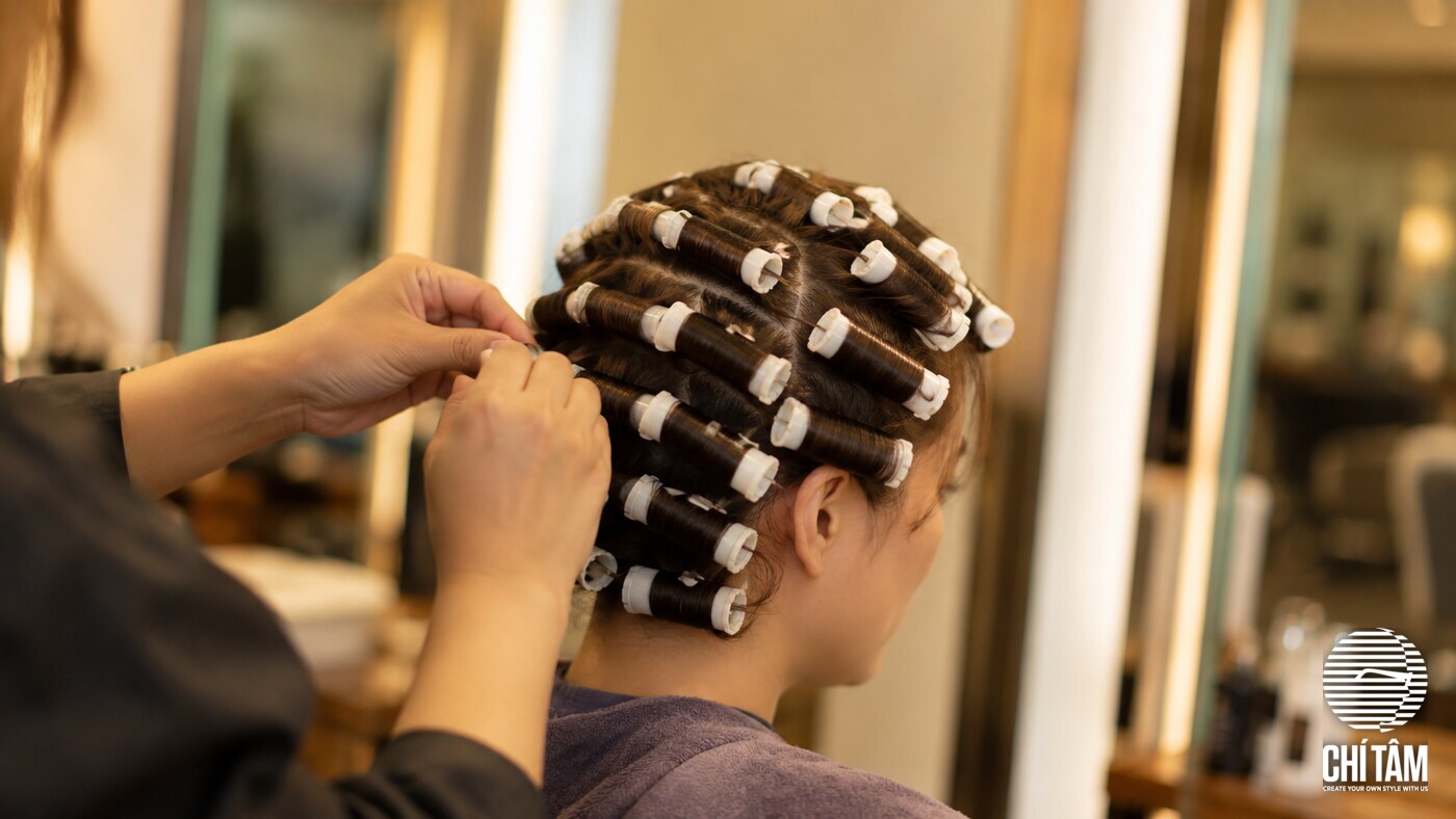 Khách hàng đang uốn tóc với ống uốn tại salon