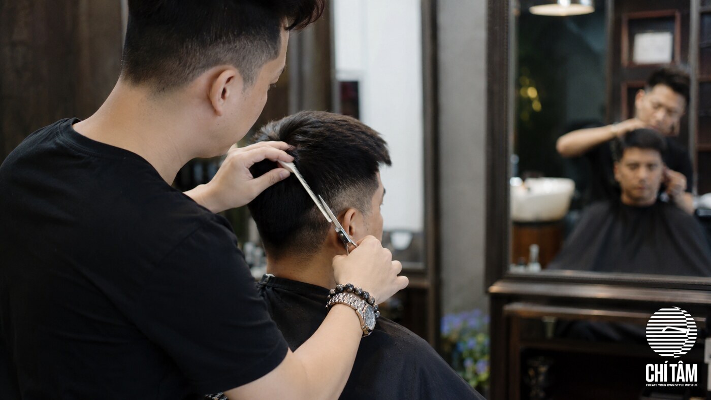 Stylist cắt tóc cho khách nam tại Chí Tâm Hair Salon