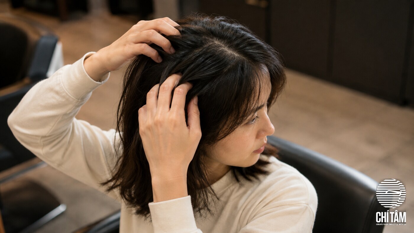 Miết nhẹ chân tóc bằng đầu ngón tay để tán đều dầu gội khô