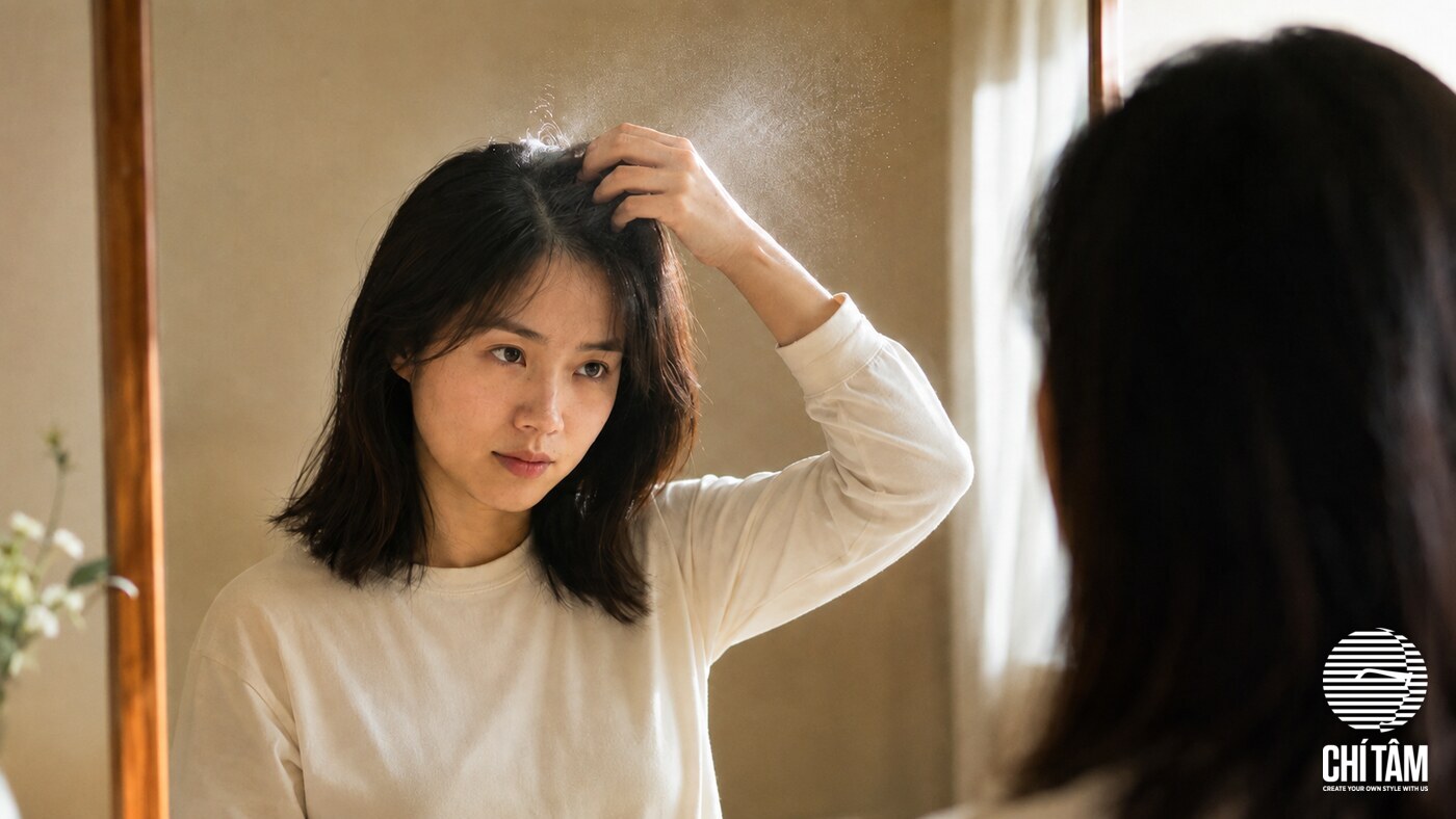 Xịt dầu gội khô vào chân tóc trước gương buổi sáng