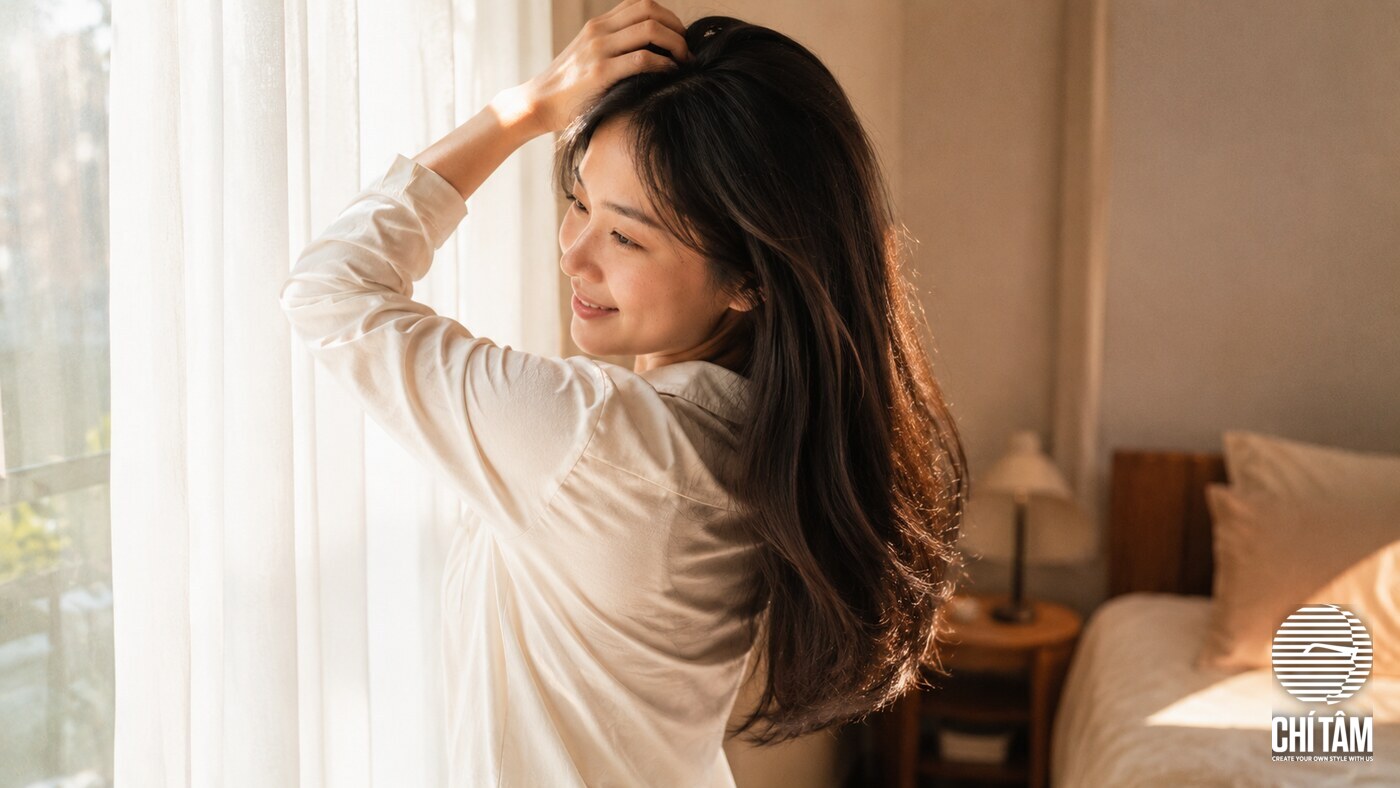 Tóc suôn mượt vào nếp bên cửa sổ nắng sớm sau một đêm ngủ đúng cách