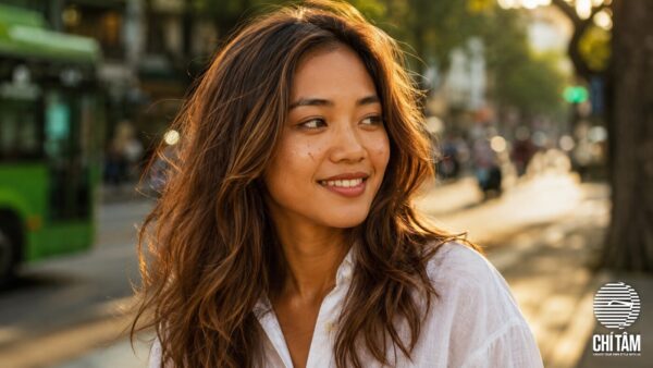 Cô gái Việt da ngăm với mái tóc nâu caramel ấm dưới nắng chiều