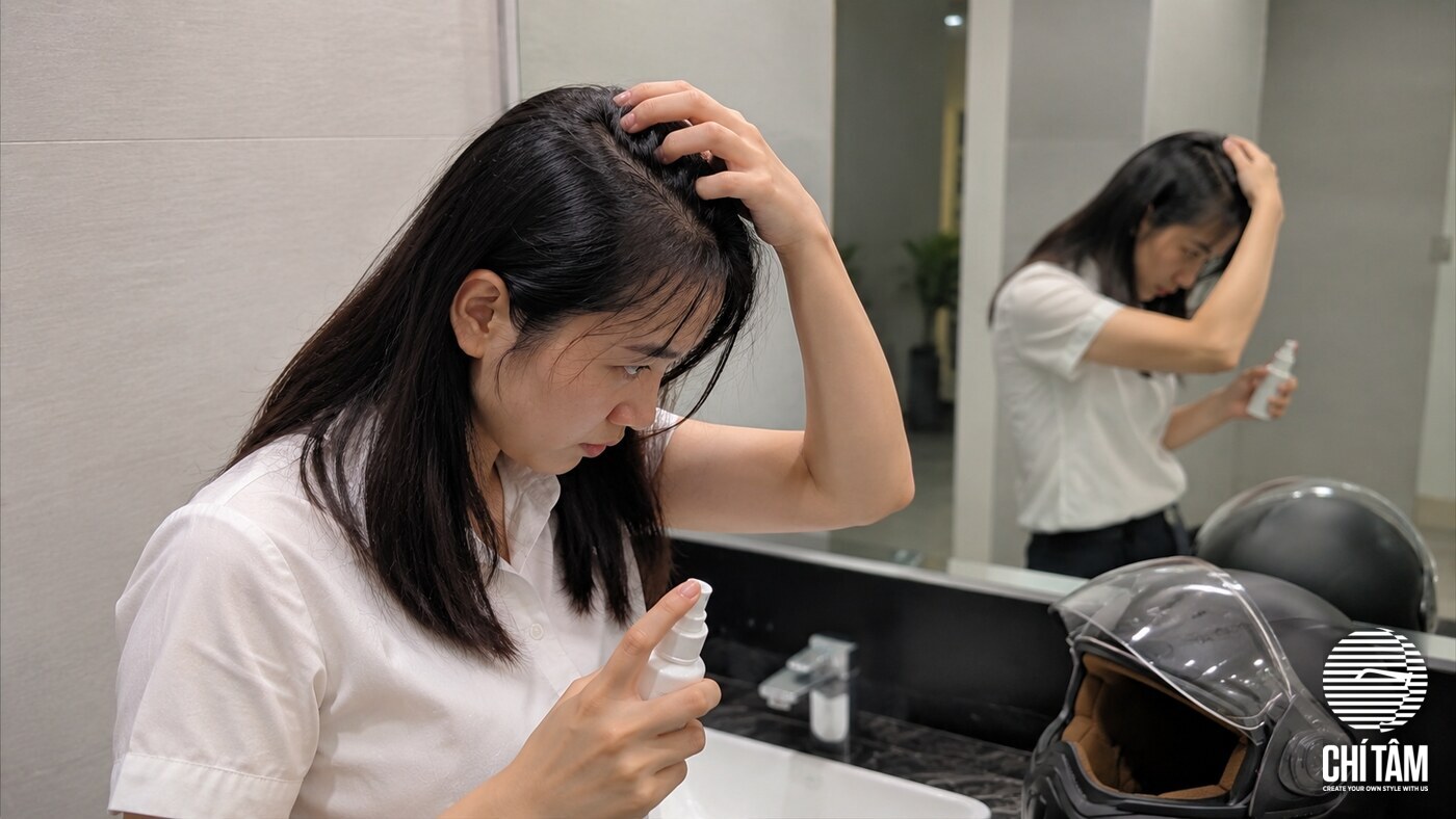 Vò nhẹ chân tóc và xịt dưỡng để tóc phồng lại sau khi đội mũ bảo hiểm