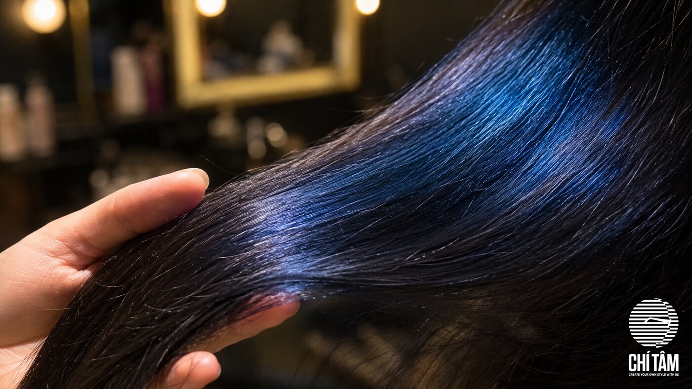 Cận cảnh sợi tóc đen ánh xanh dưới đèn salon, thấy rõ tầng phản quang xanh lam