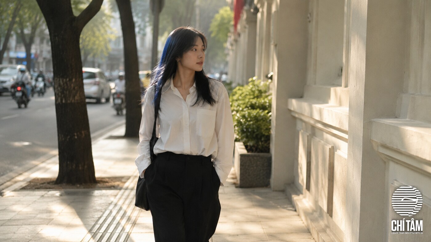 Street style tóc đen tuyền ánh xanh dài buông tự nhiên ngoài phố