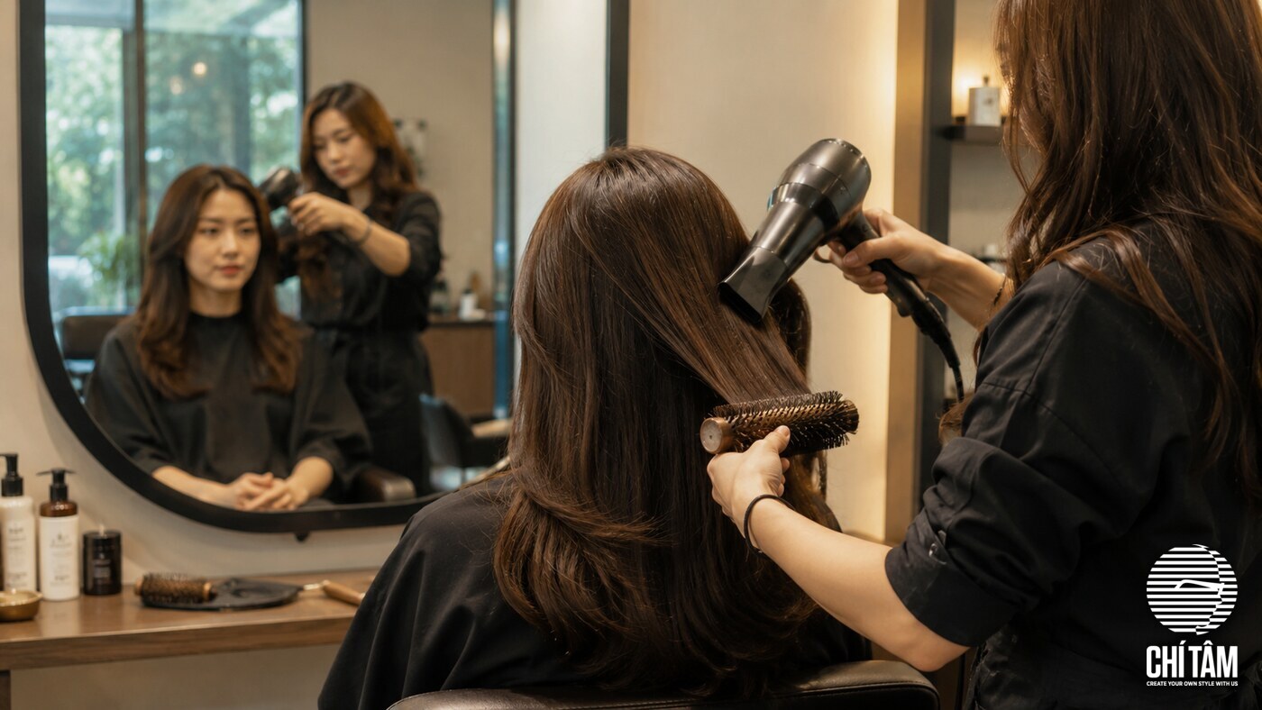 Stylist sấy tạo kiểu giữ nếp tóc bằng lược tròn tại salon