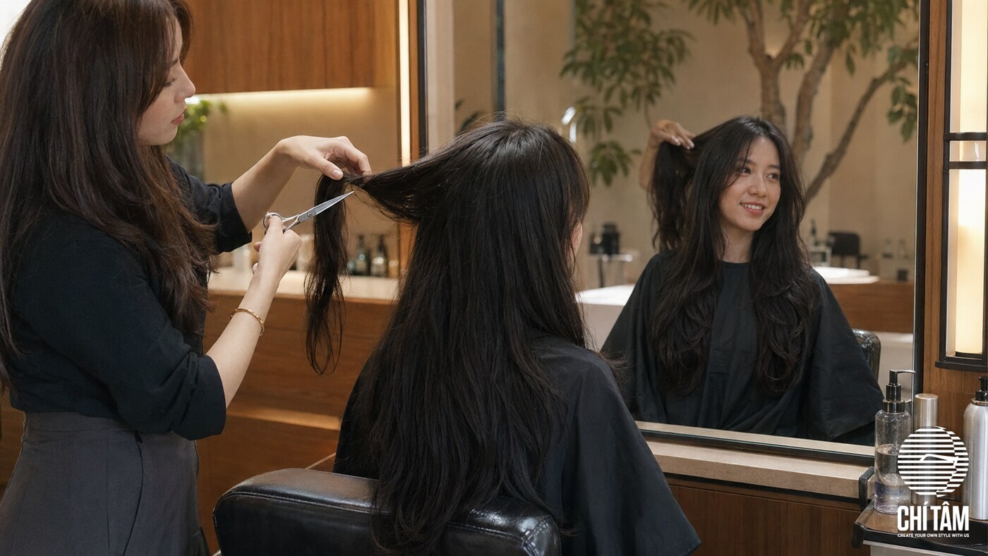 Stylist tỉa tầng layer cho mái tóc dài tại salon, giữ nguyên độ dài