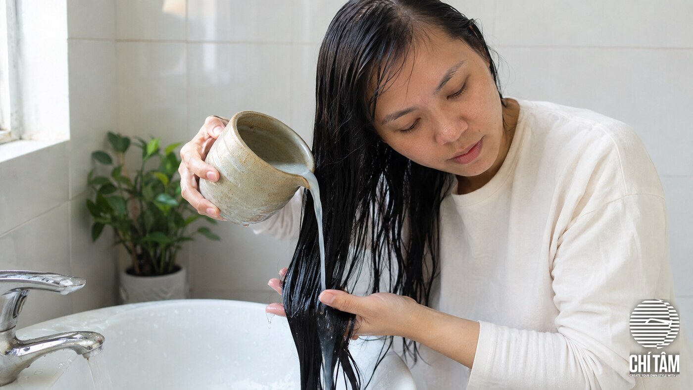Xả tóc bằng nước vo gạo sau khi đã gội sạch