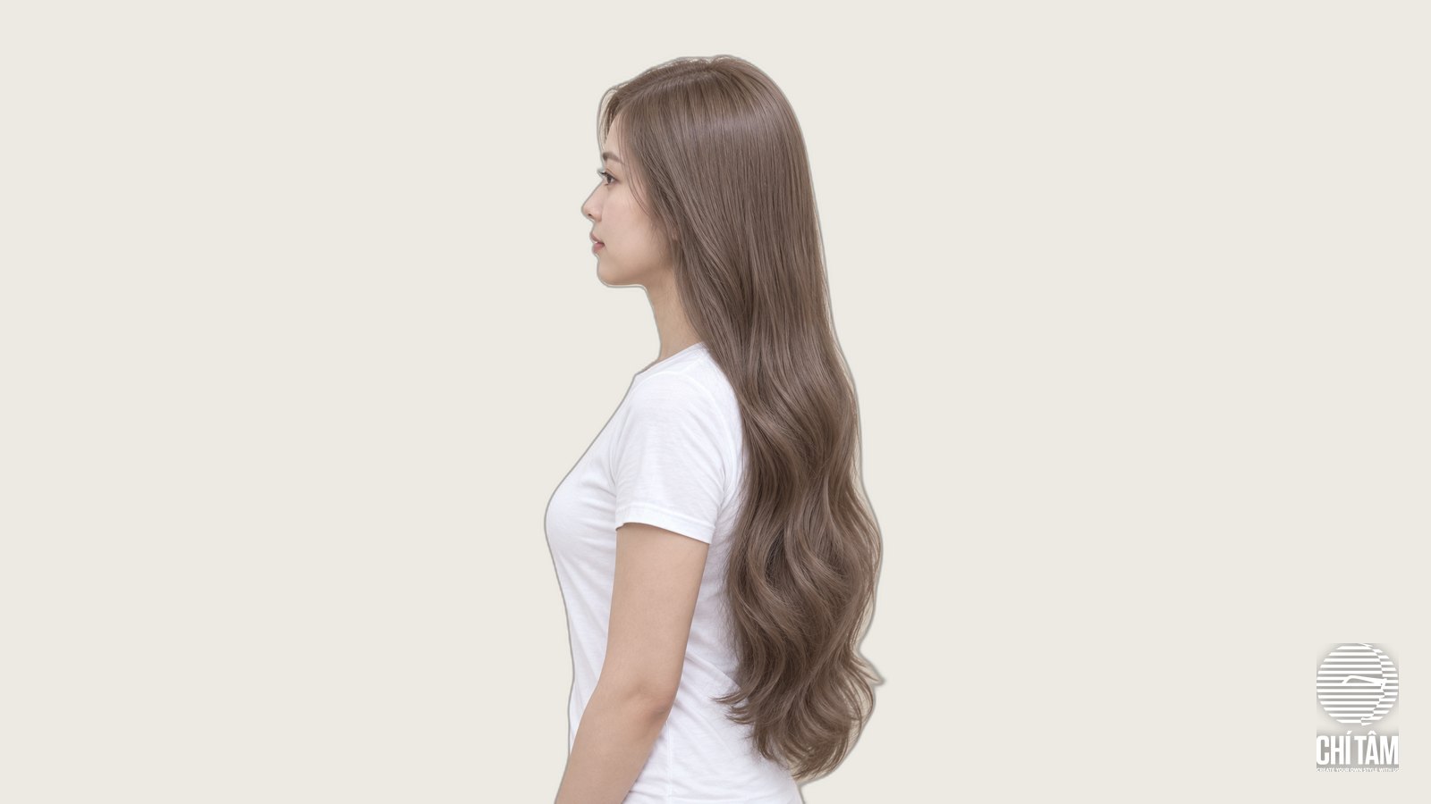 Tóc dài màu khói tro ash brown nhìn nghiêng, màu lên đều từ chân tóc xuống ngọn
