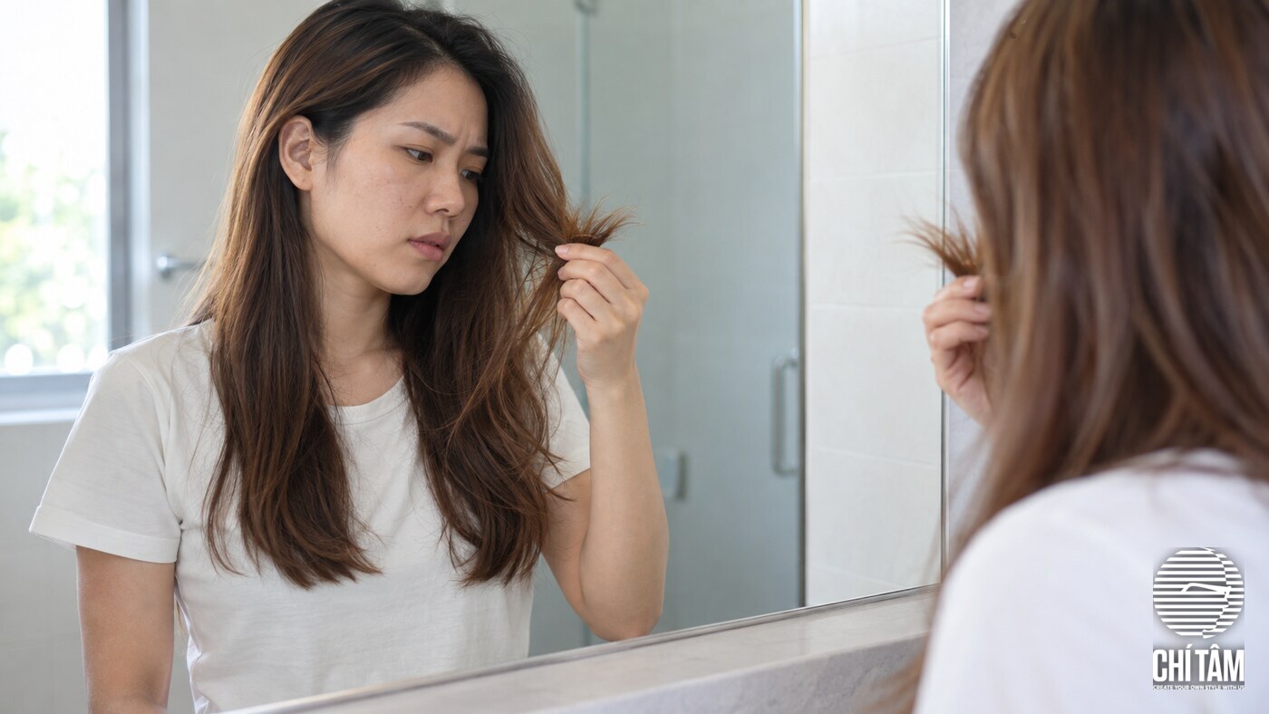 Phụ nữ soi kỹ phần ngọn tóc trước gương, nhận ra tóc khô xơ ở đuôi