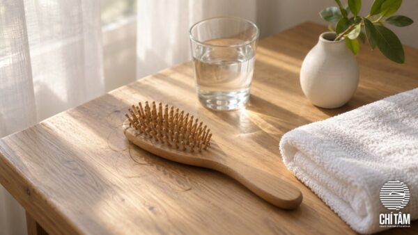 Góc bàn trang điểm buổi sáng với lược gỗ và khăn cotton - dấu hiệu cần đổi routine chăm tóc