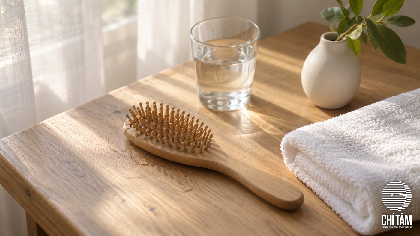 Góc bàn trang điểm buổi sáng với lược gỗ và khăn cotton - dấu hiệu cần đổi routine chăm tóc