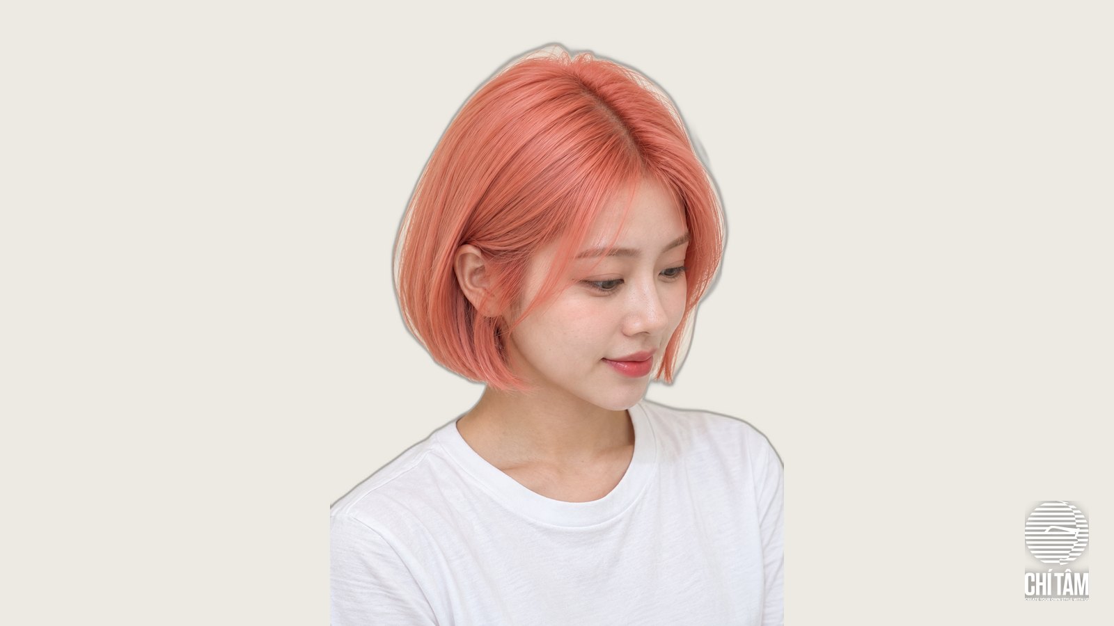 Tóc hồng cam coral ngắn ngang cằm góc chính diện - Chí Tâm Hair Salon