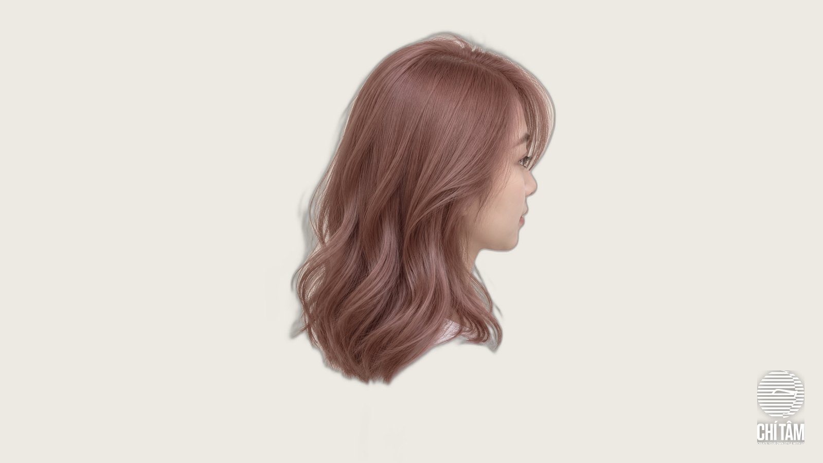 Tóc hồng đất dusty rose nhuộm đều từ chân tóc, nhìn nghiêng tại Chí Tâm Hair Salon