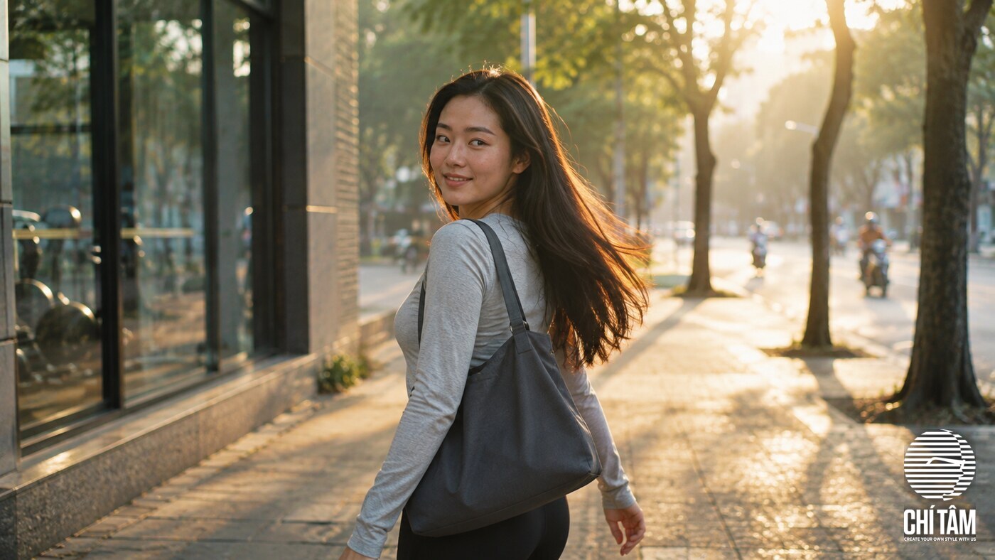 Phụ nữ tóc khô suôn bước ra khỏi phòng gym buổi sáng