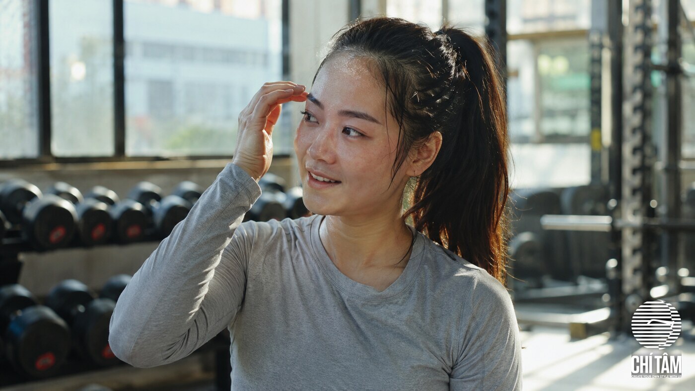 Phụ nữ buộc tóc đuôi ngựa cao tại phòng gym buổi sáng