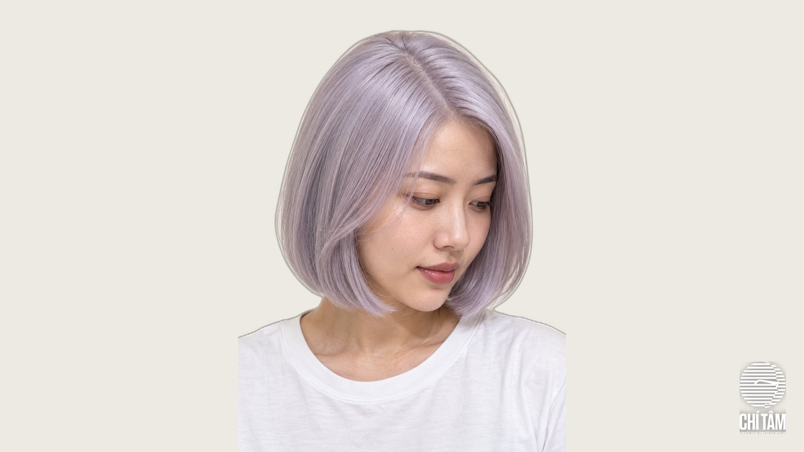 Tóc bob bạc ánh tím silver lilac nhìn chéo phía trước