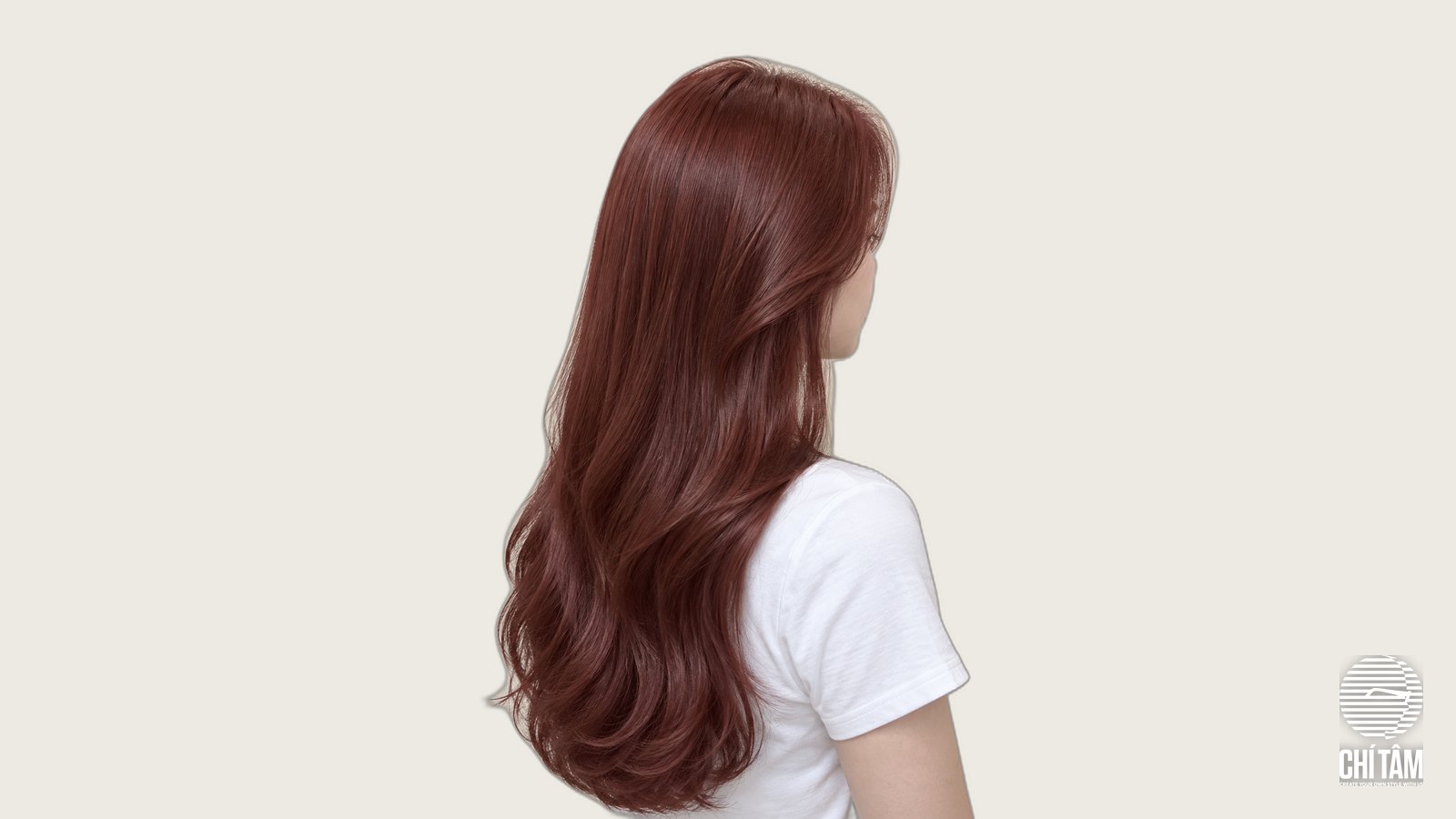 Tóc dài nhuộm đỏ gạch brick red nhìn chéo từ phía sau