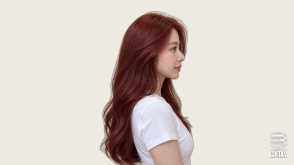 Tóc đỏ gạch brick red trên tóc dài gợn nhẹ, góc nghiêng
