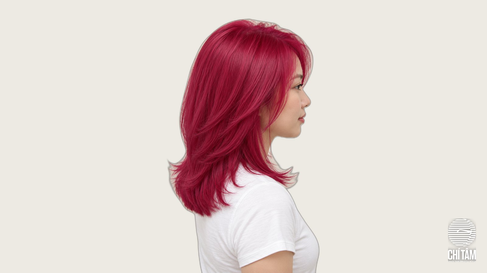 Tóc đỏ hồng magenta layer dài qua vai nhìn nghiêng tại Chí Tâm Hair Salon