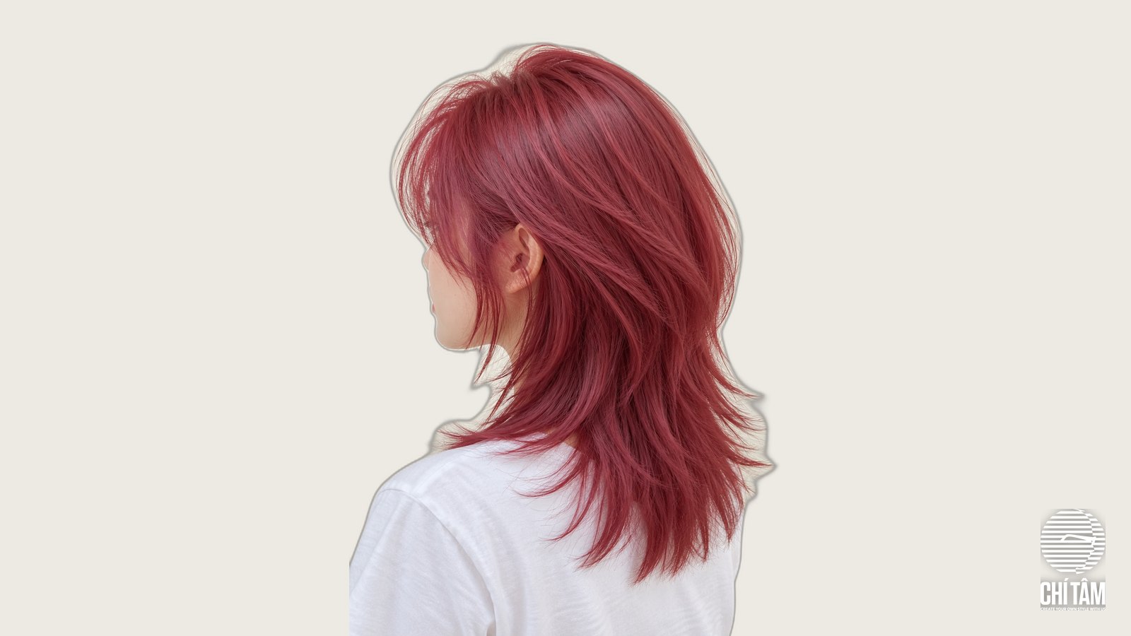 Tóc wolf cut nhuộm đỏ mâm xôi nhìn từ phía sau