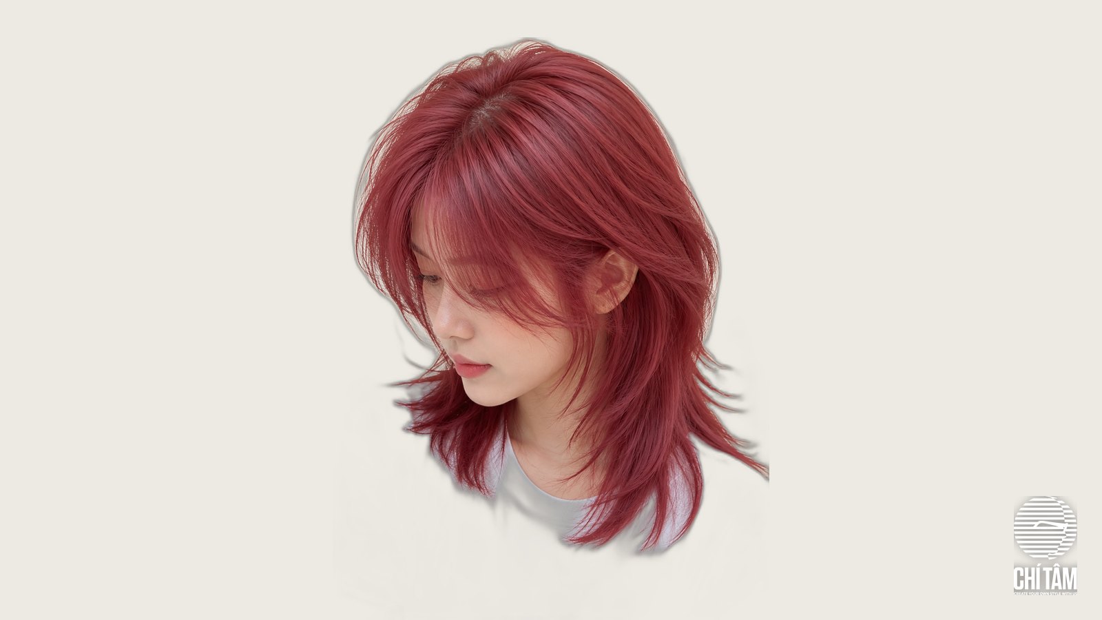 Tóc đỏ mâm xôi wolf cut rèm mái ôm mặt