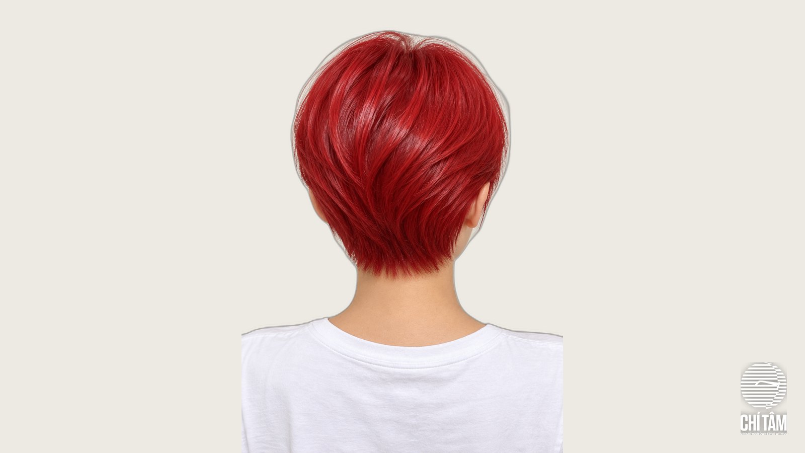Tóc pixie đỏ ớt nhìn từ phía sau, gáy ngắn ôm đầu