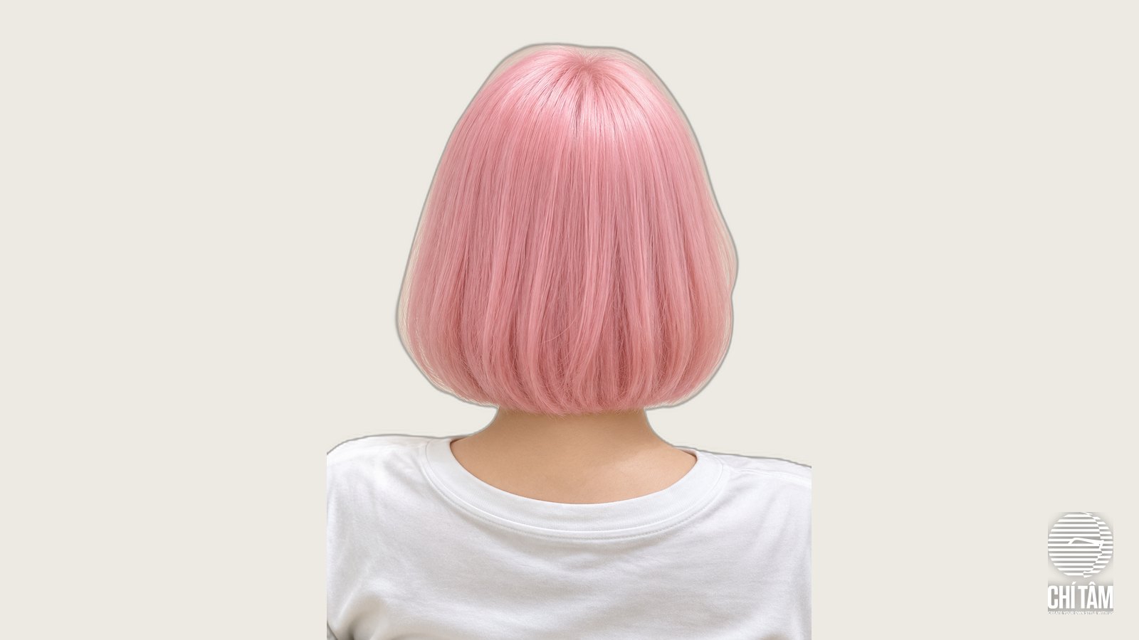 Tóc bob hồng phấn baby pink nhìn từ phía sau, màu đều từ chân tóc
