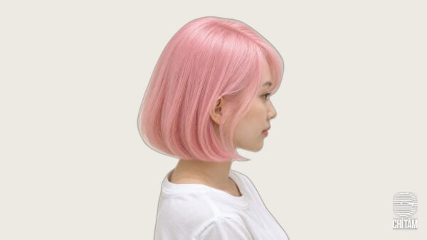 Tóc bob ngắn nhuộm hồng phấn baby pink nhìn nghiêng tại Chí Tâm Hair Salon