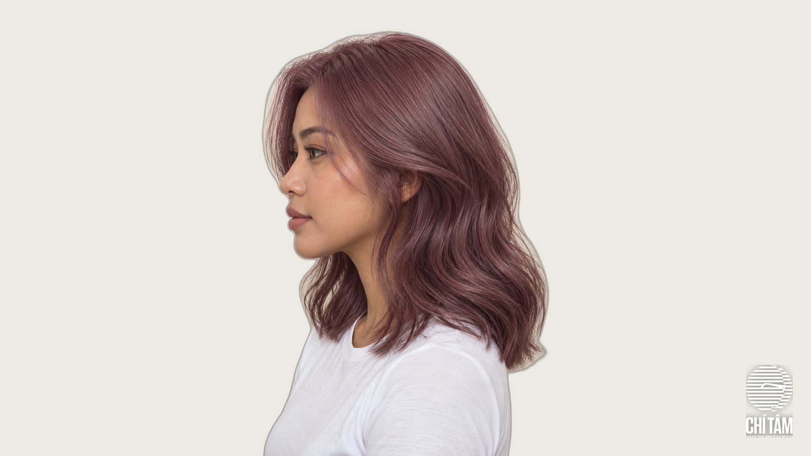 Tóc mauve hồng tím ngang vai trên nàng da ngăm tại Chí Tâm Hair Salon