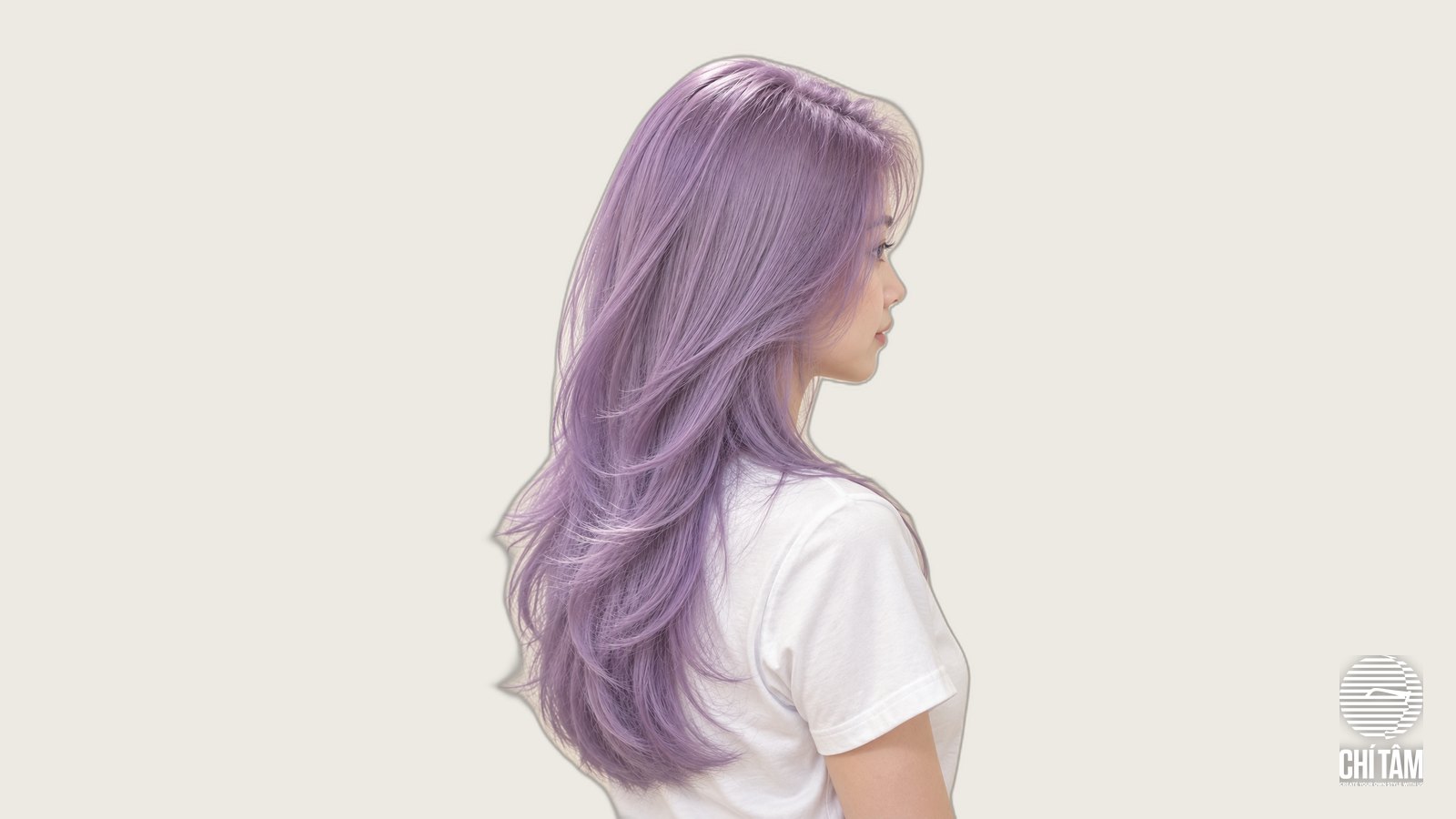 Tóc tím lavender pastel cho tóc dài layer góc nghiêng - Chí Tâm Hair Salon