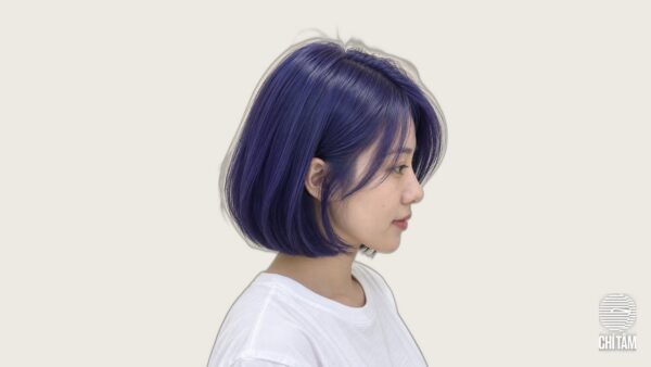 Tóc bob ngắn nhuộm tím xanh indigo nhìn nghiêng tại Chí Tâm Hair Salon