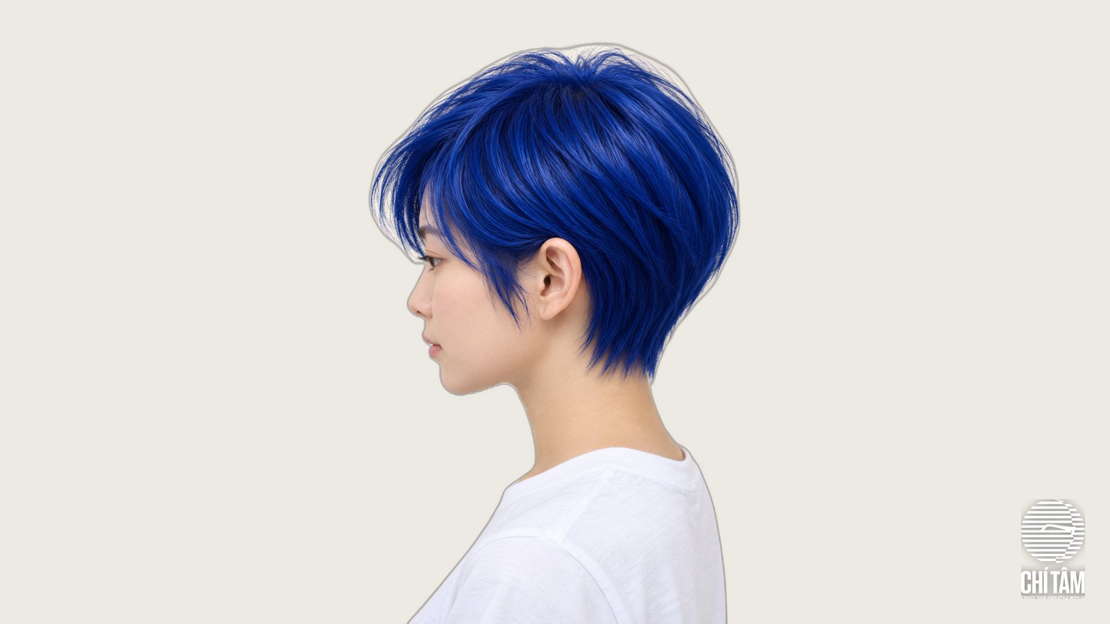 Tóc pixie nhuộm xanh cobalt góc nghiêng tại Chí Tâm Hair Salon