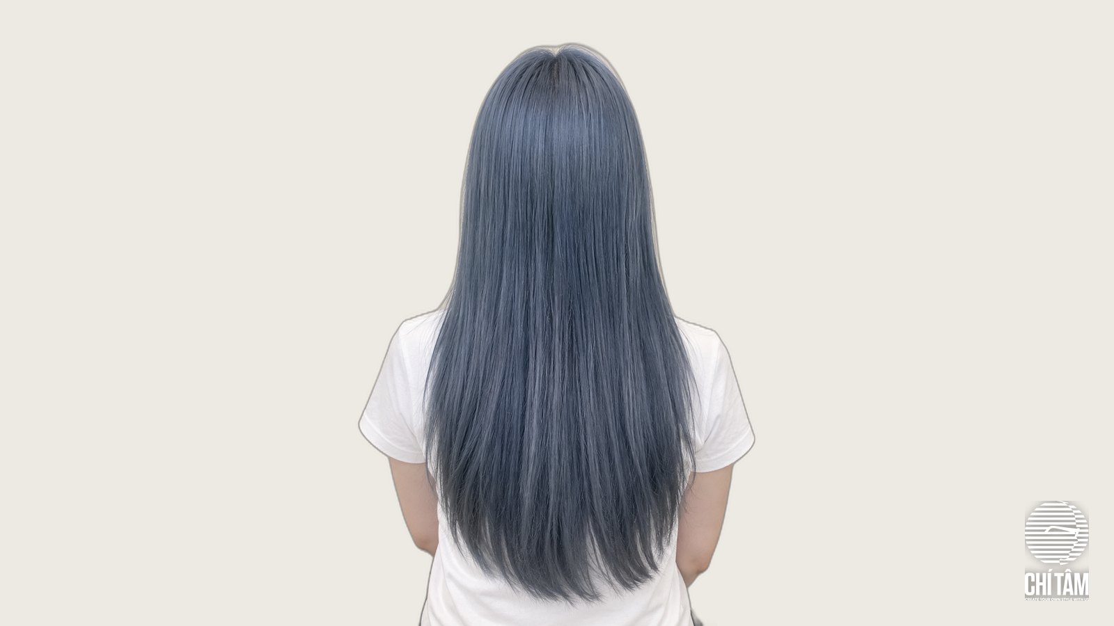 Tóc xanh denim dài suôn nhìn từ sau lưng - Chí Tâm Hair Salon