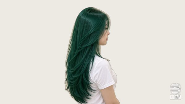 Tóc xanh lục bảo emerald trên tóc layer dài, góc nghiêng