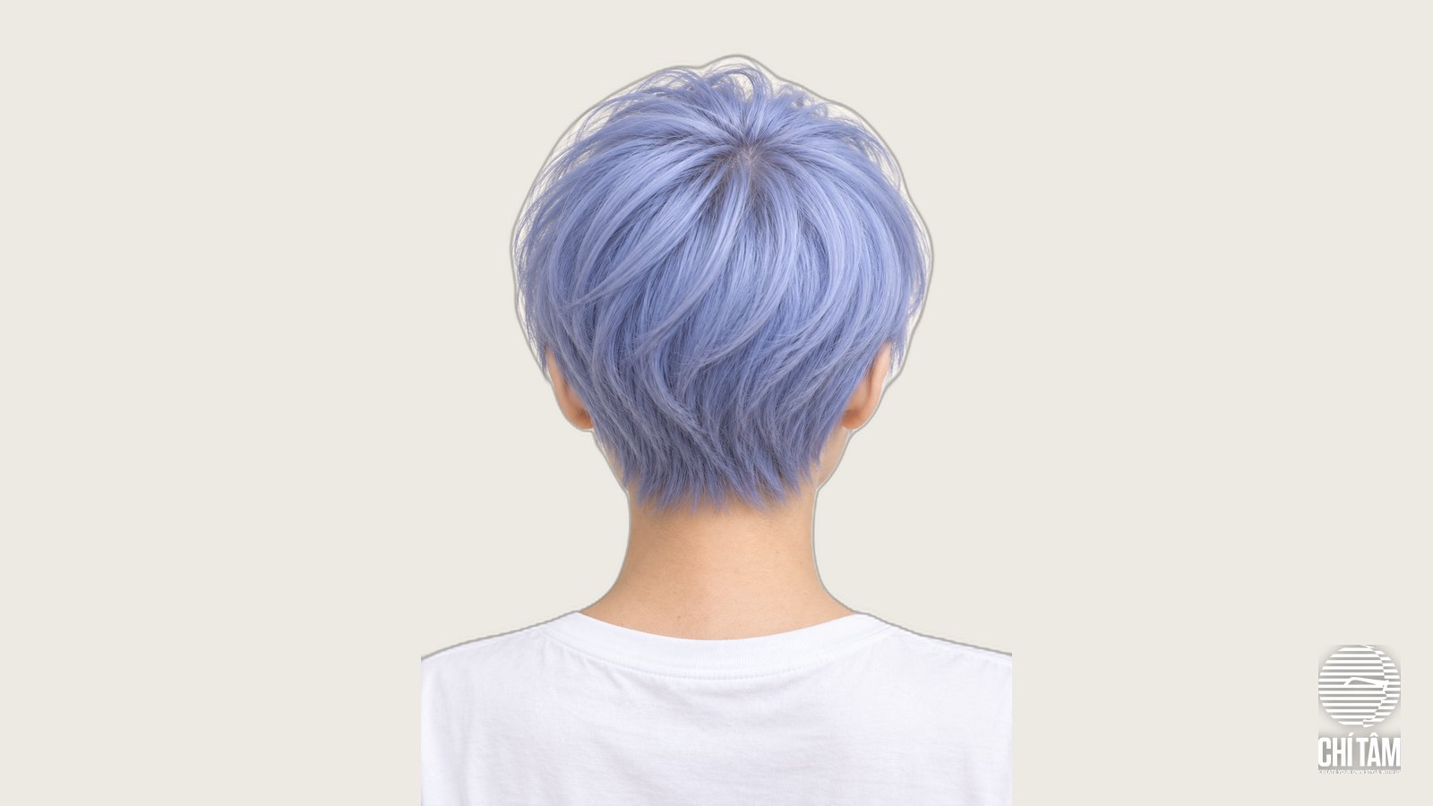 Phía sau mái tóc tém nhuộm xanh periwinkle pastel