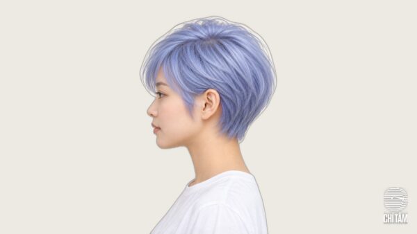 Tóc xanh periwinkle pastel trên mái tóc tém ngắn - Chí Tâm Hair Salon