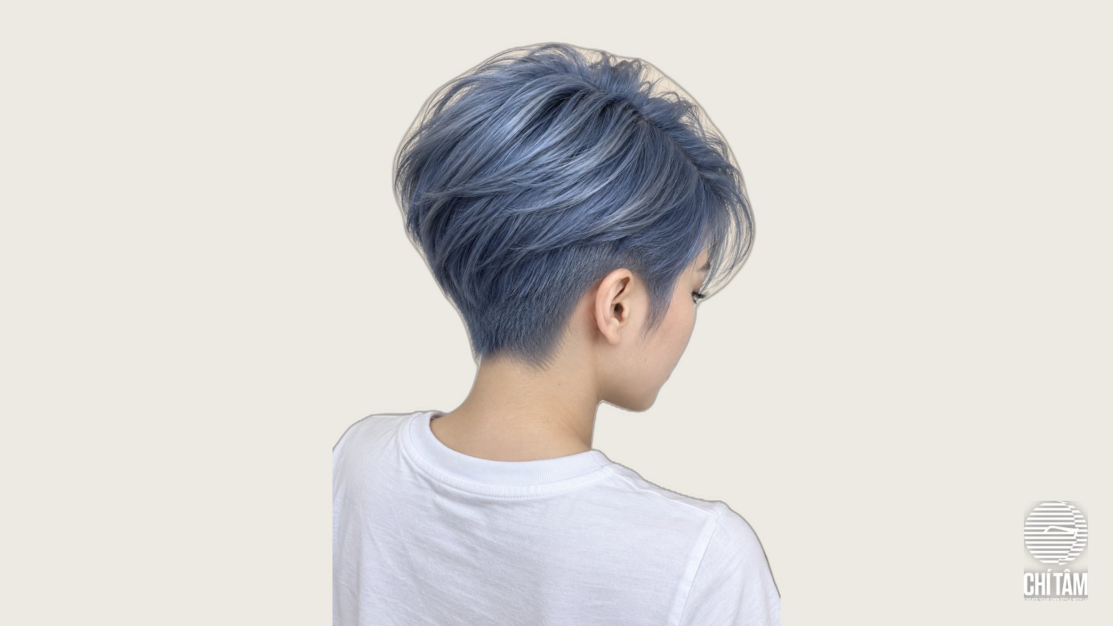 Tóc xanh thép steel blue góc chéo sau trên tóc tém undercut