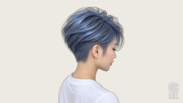 Tóc tém undercut nữ nhuộm xanh thép steel blue tại Chí Tâm Hair Salon